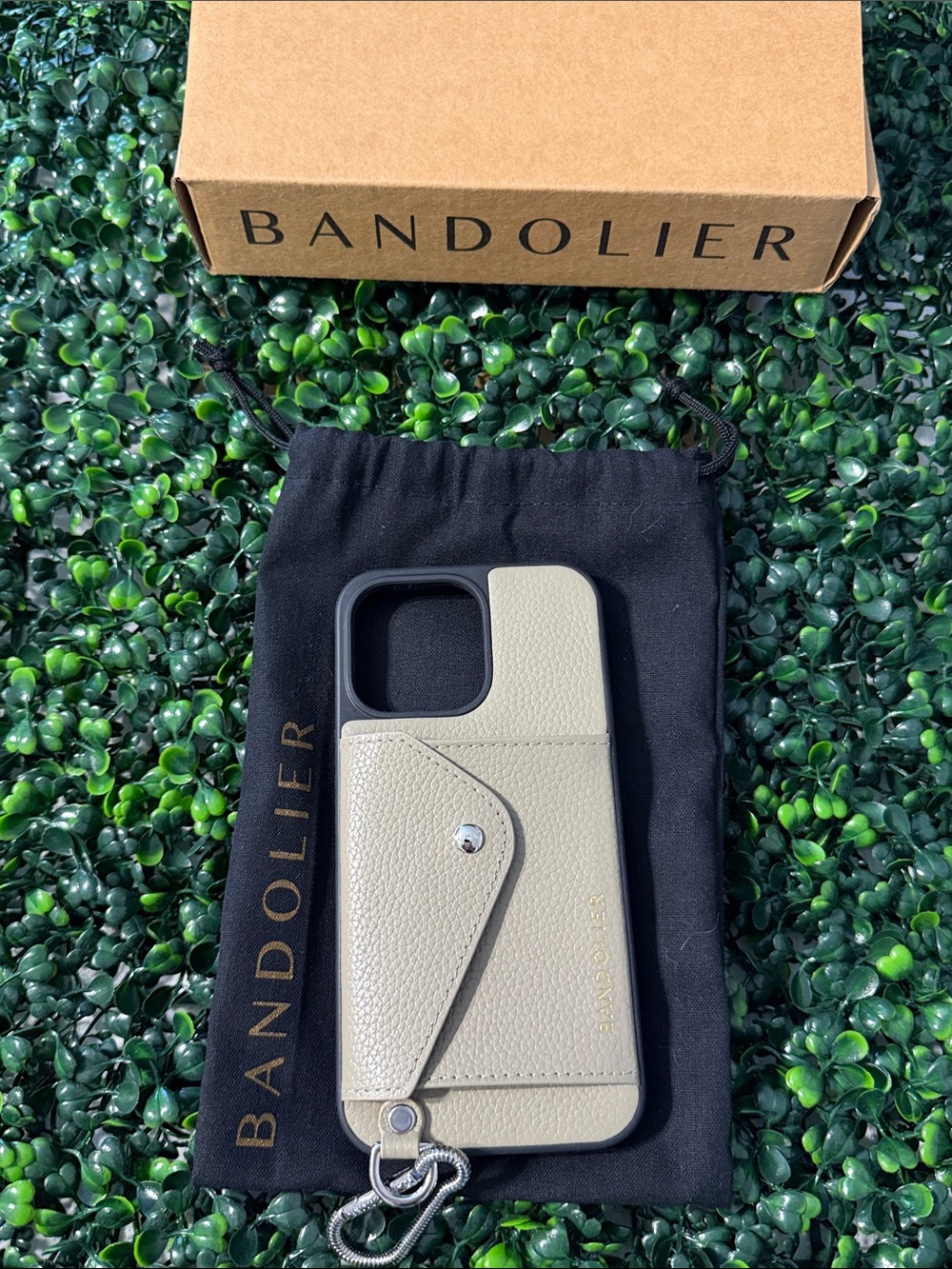 Bandolier Beige Leather Cardholder Phone Case with Strap iPhone 14 ProMax
